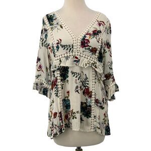 Doe & Rae 3/4 Sleeve V-Neck Tunic/Dress Cream Multi Floral Ruffled Lace Size‎ S